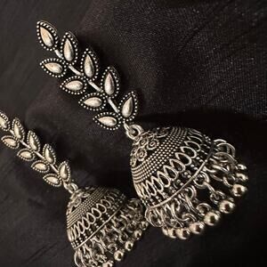 Bollywood Desi Boho Jhumka Silver Tone Oxidized Leaf Pattern Earrings